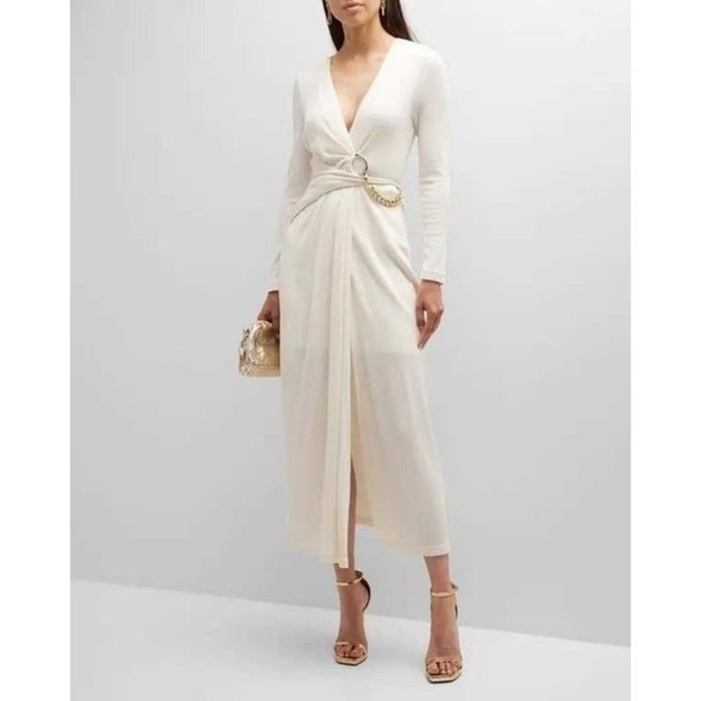 Acler Cream Rib Knit Midi Dress w/ Gold Chain Detail, V-Neck, Draped Waist, Sz 2
